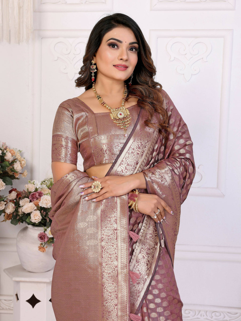 Aastha Fashion Dusty Rose Organza Silk Weaving Saree
