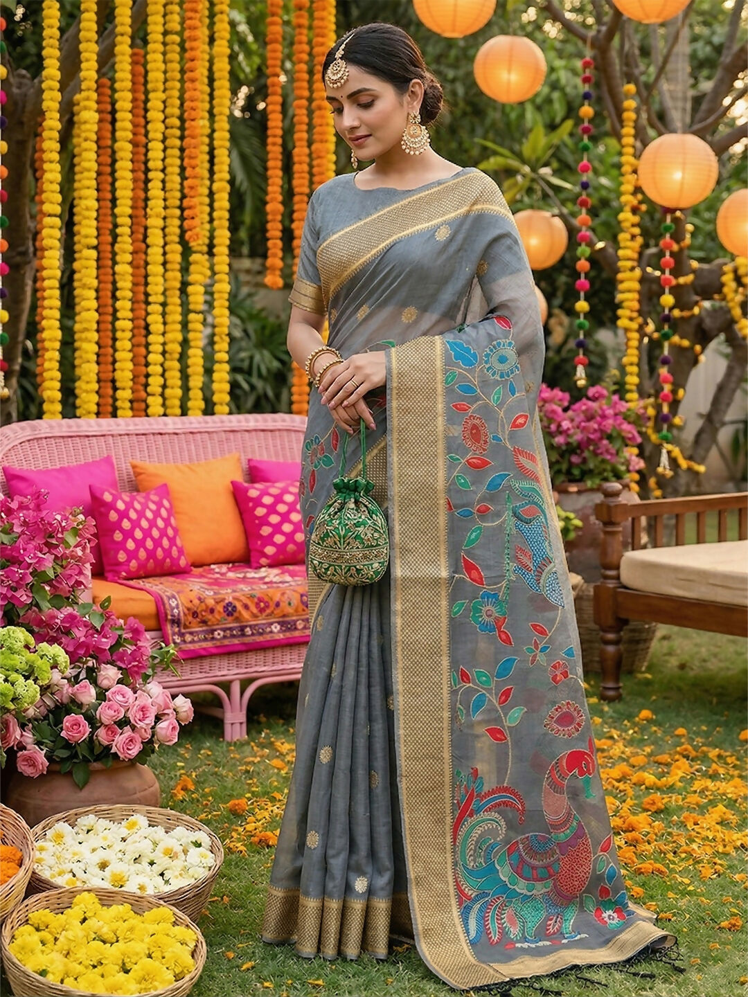 Shree Shyam Fashion Gray Linen Cotton Saree