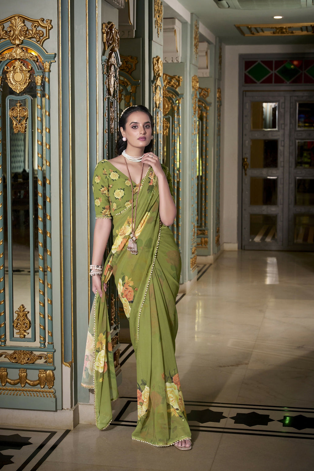 Vastranavya Mehendi Spectacular Georgette Printed with Pearl Lace Saree with Unstitched Blouse