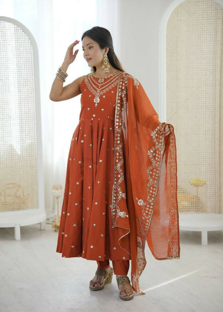 Teeya Creation Orange Color Roman Silk Embroidery Work Party Wear Gown