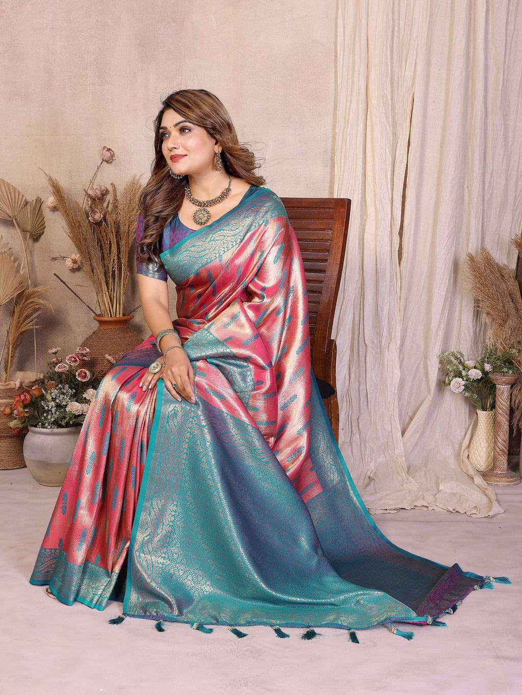 Aastha Fashion Pink Tissue Silk Paithani Woven Saree