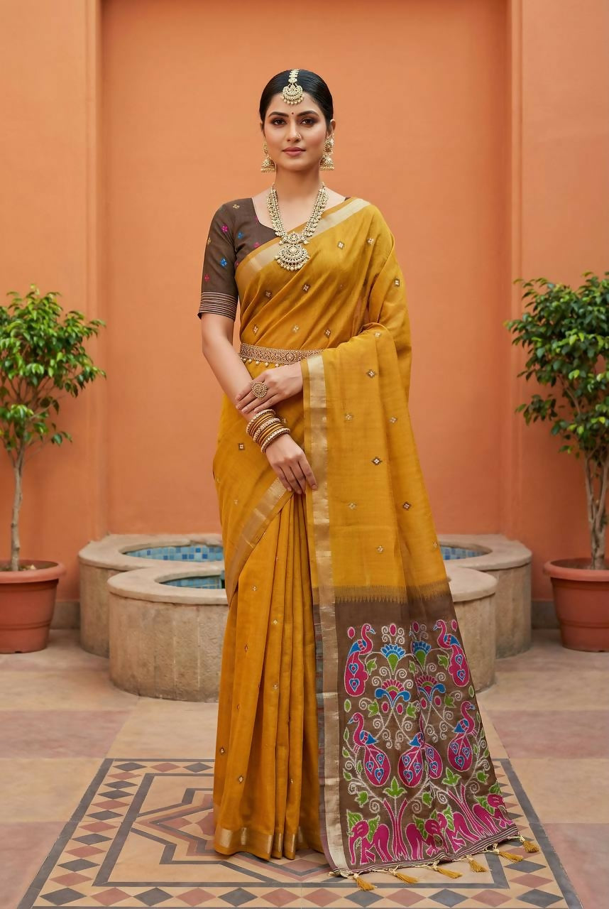 Vastranavya Yellow Muga Cotton Meenakari & Azarakh Pallu Saree with Contrast Blouse