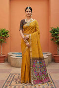 Vastranavya Yellow Muga Cotton Meenakari & Azarakh Pallu Saree with Contrast Blouse