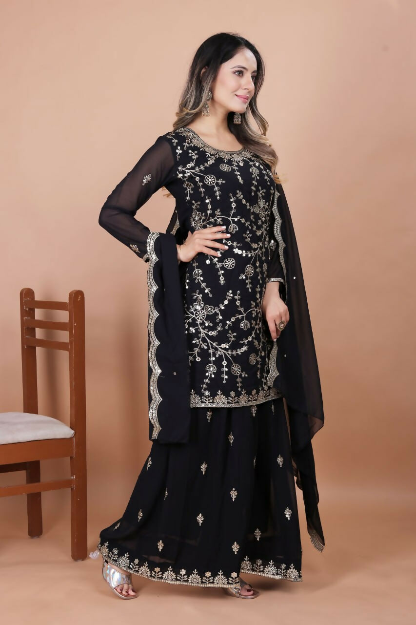 Teeya Creation Black Color Faux Georgette Embroidery Work Wedding Wear Palazzo Set
