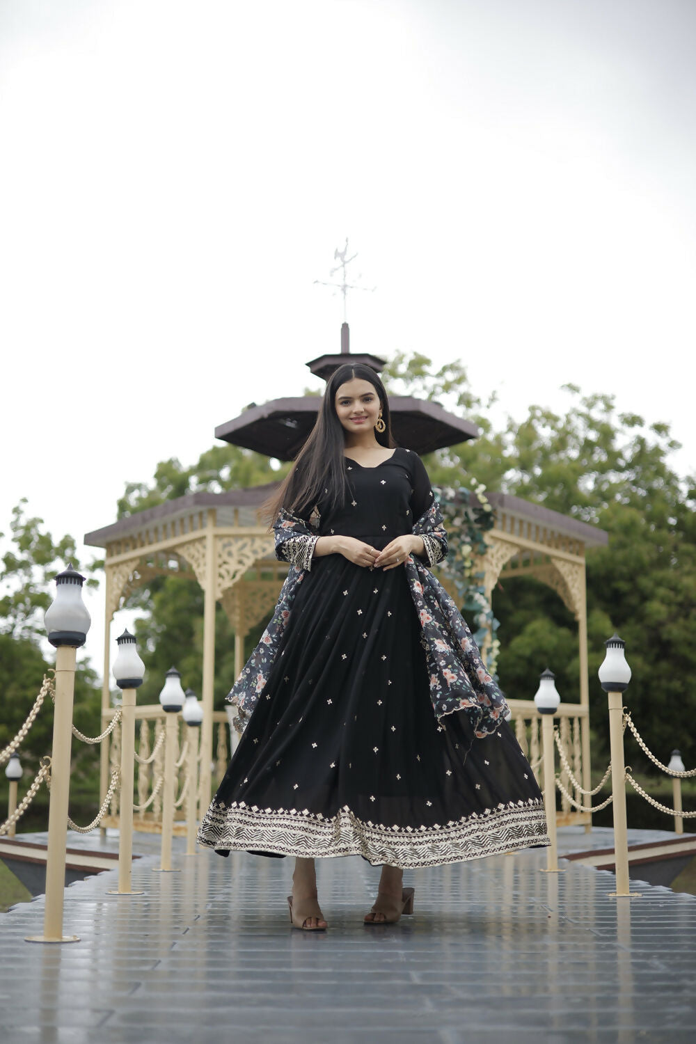 Aayaa Designer Embroidery Zari Sequins-Work Faux Blooming Georgette Suit - Black