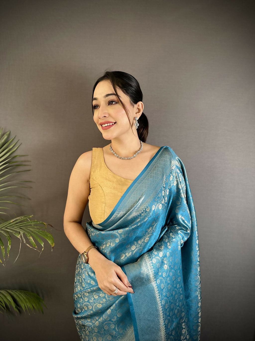 Joban Fashion Aqua Blue Floral & Paisley Motifs Soft Satin Silk Banarasi Saree