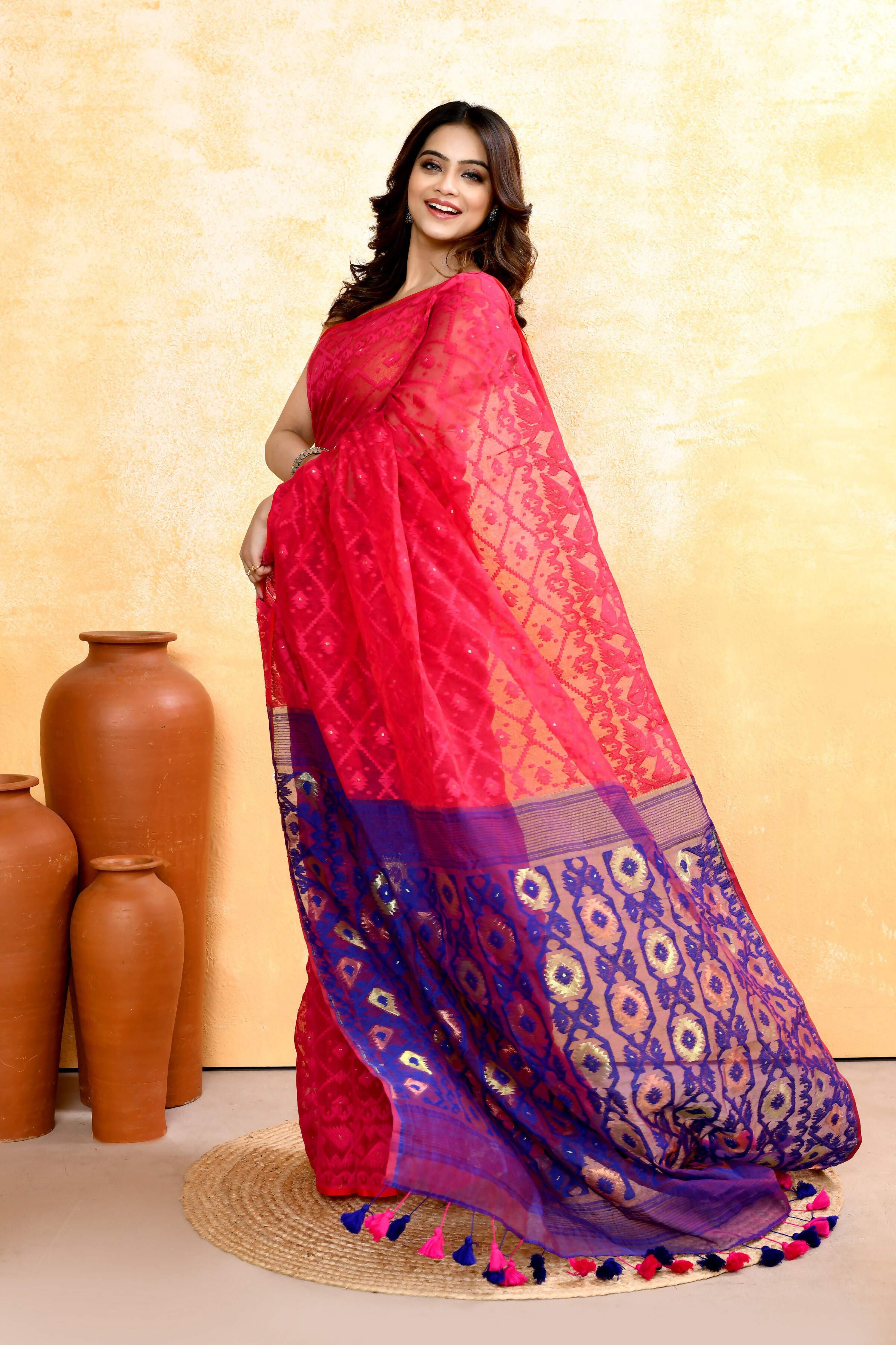 Piyari Fashion Women's Rani Pink Embellished Cotton Blend Jamdani Saree