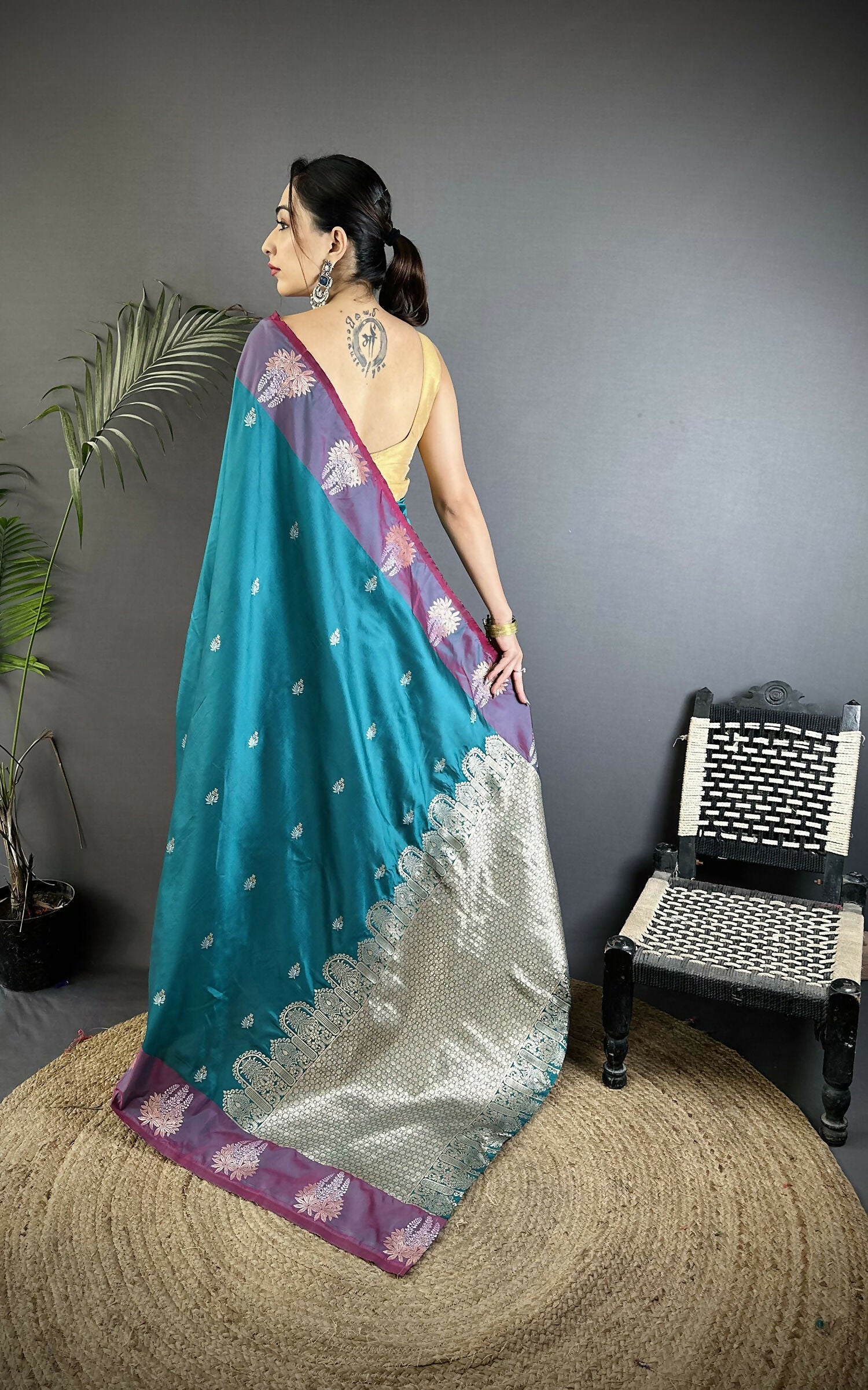 Joban Fashion Teal Small Butti Soft Silk Banarasi Saree