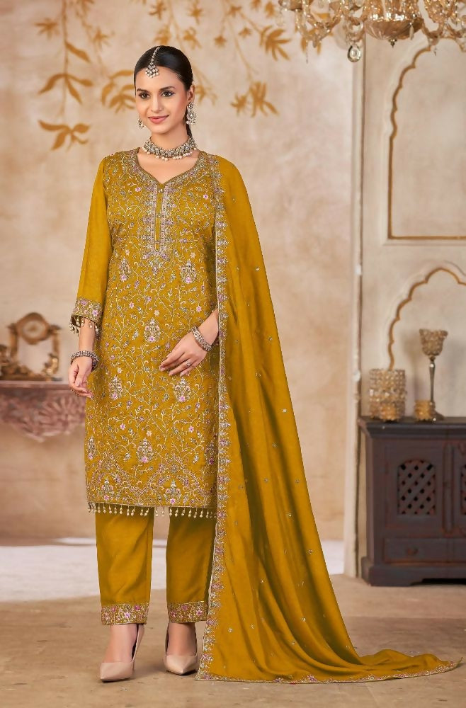 Anaita Mustard Vichitra Silk Readymade Suit with Embroidery & Lace Work