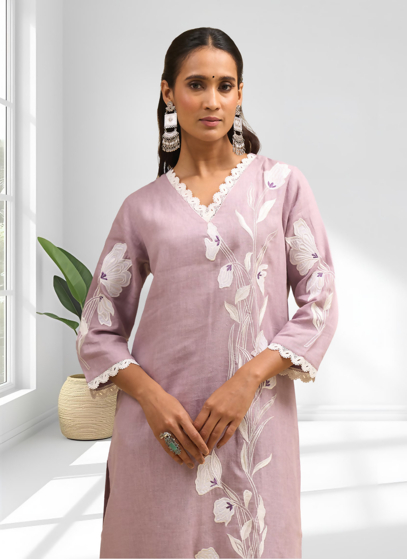 Joban Fashion Pink Linen Embroidered Readymade Long Kurta With Pant