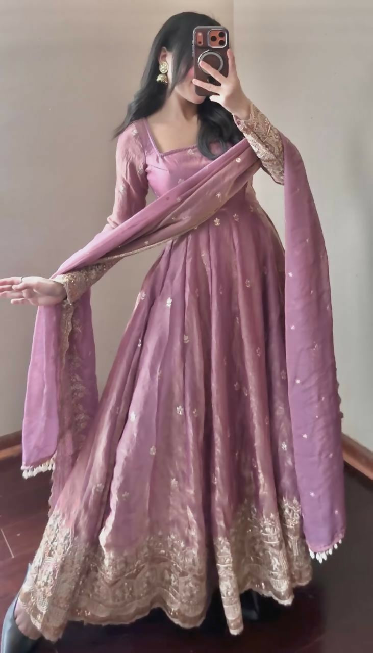 Teeya Creation Onion Fendy Silk Designer Heavy Work Wedding Wear Long Gown