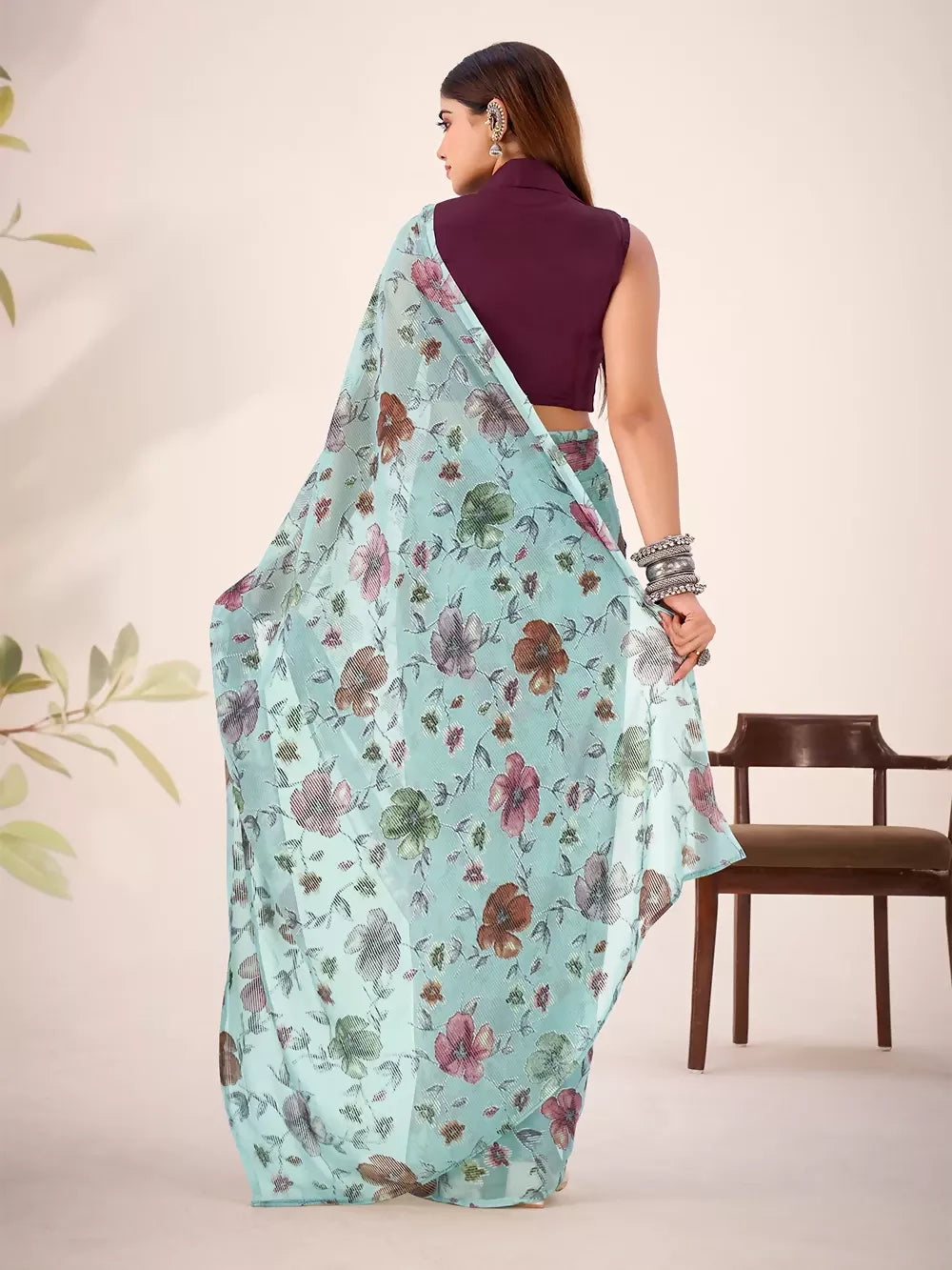 Vastranavya Sea Green Lurex Brasso Floral Printed Saree with Unstitched Blouse