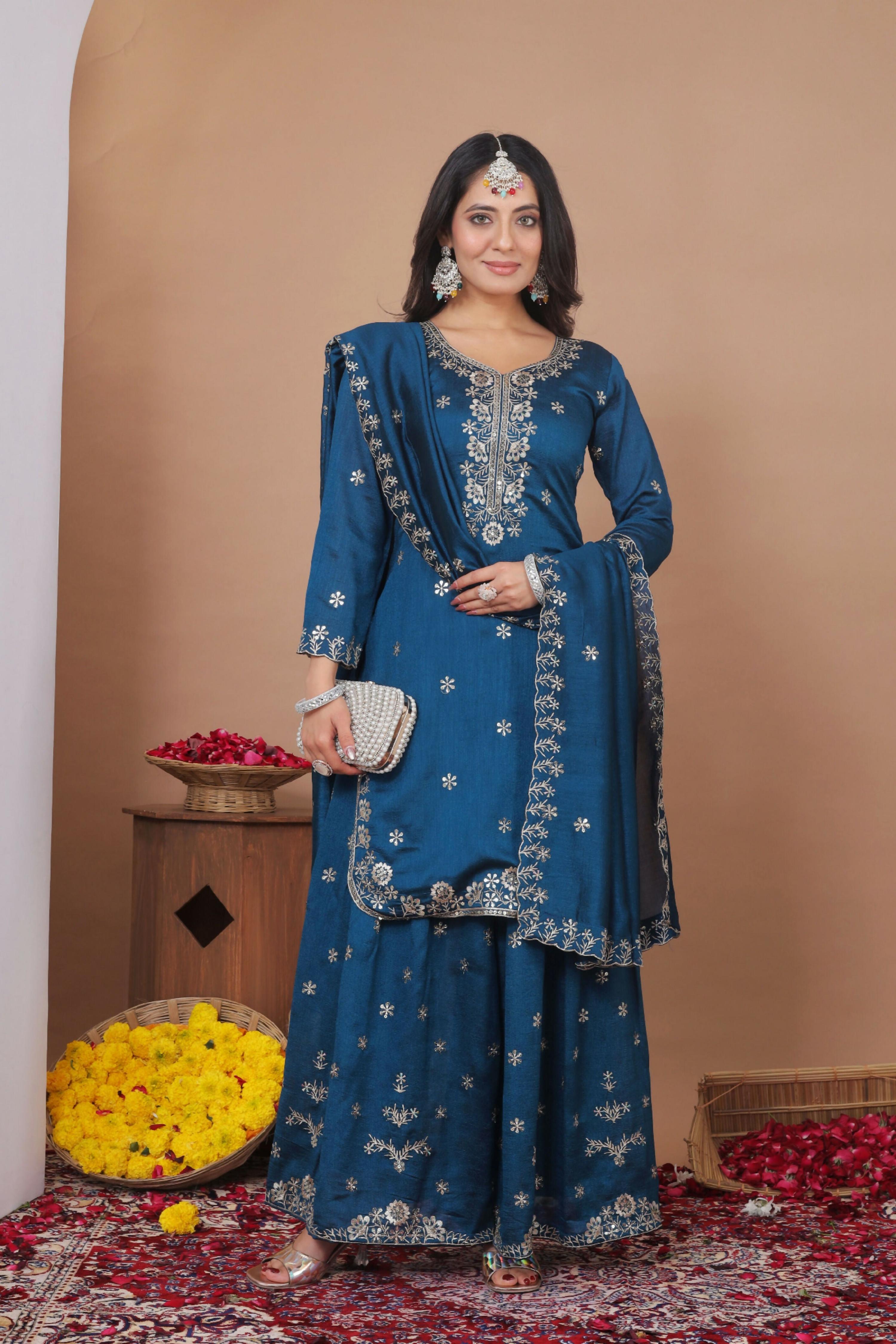 Lehenga Mart Designer Sharara Suit With Kurta, Sharara, Dupatta For Women-Teal Blue