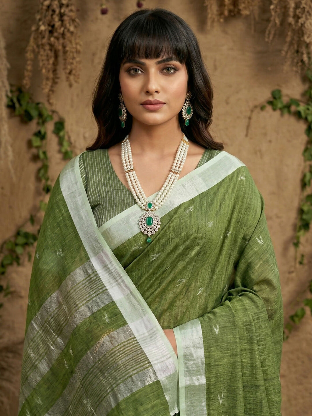 Shree Shyam Fashion Green Linen Cotton Saree