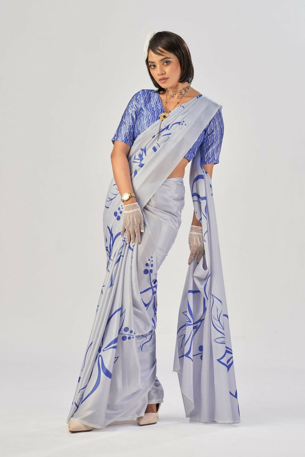 Vastranavya Sea Blue Satin Silk Elegant Printed Saree with Unstitched Blouse