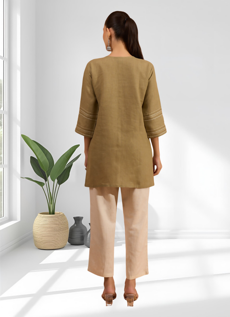 Joban Fashion Light Brown Linen Embroidered Readymade Tunic