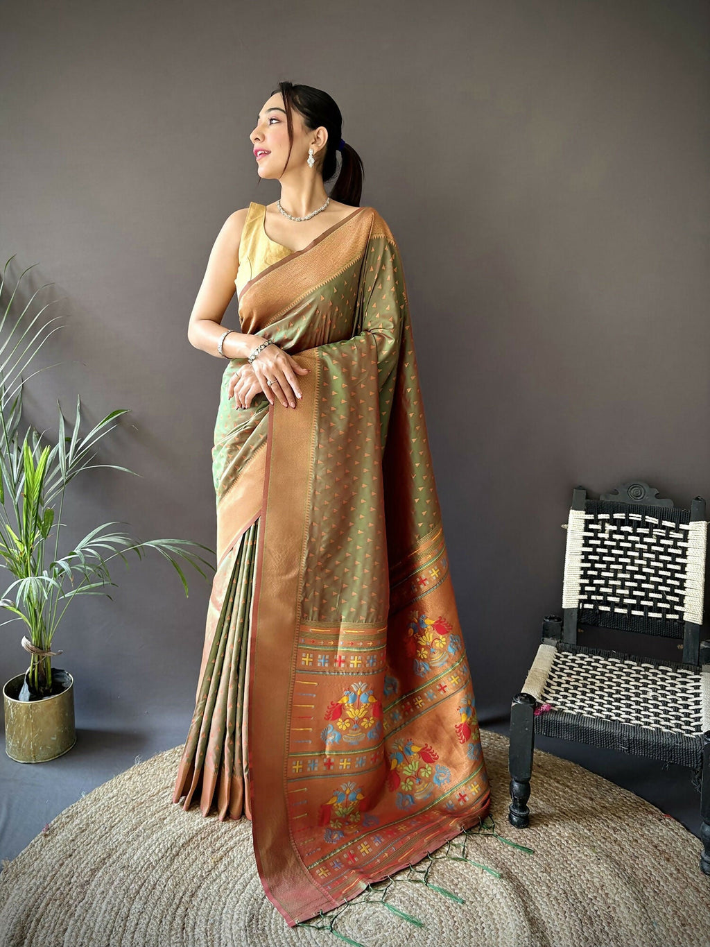 Joban Fashion Olive Green Jacquard Butti Soft Lichi Silk Paithani Saree