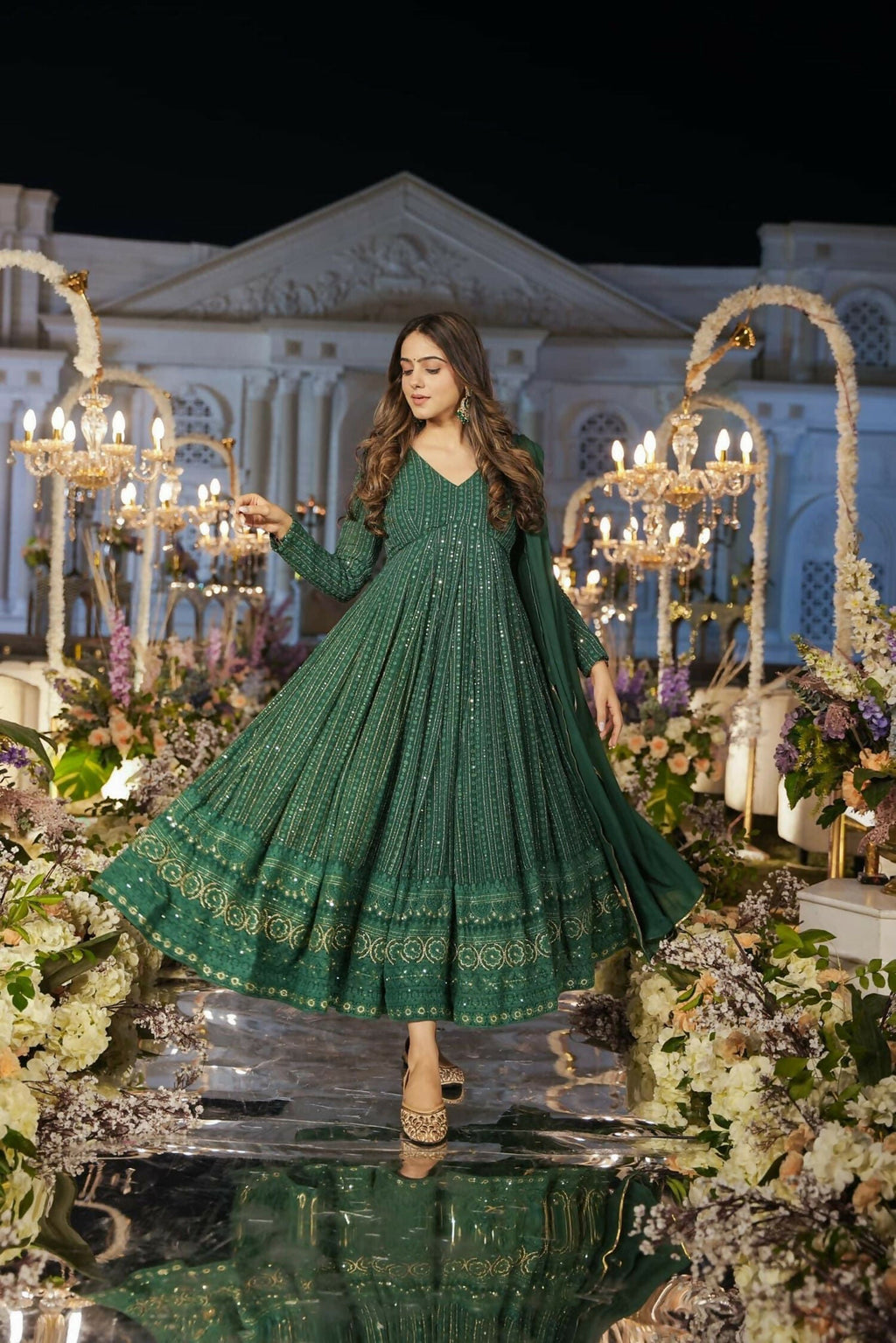 Aayaa Designer Embroidery Zari Sequins Work Faux Blooming Georgette Suit - Green