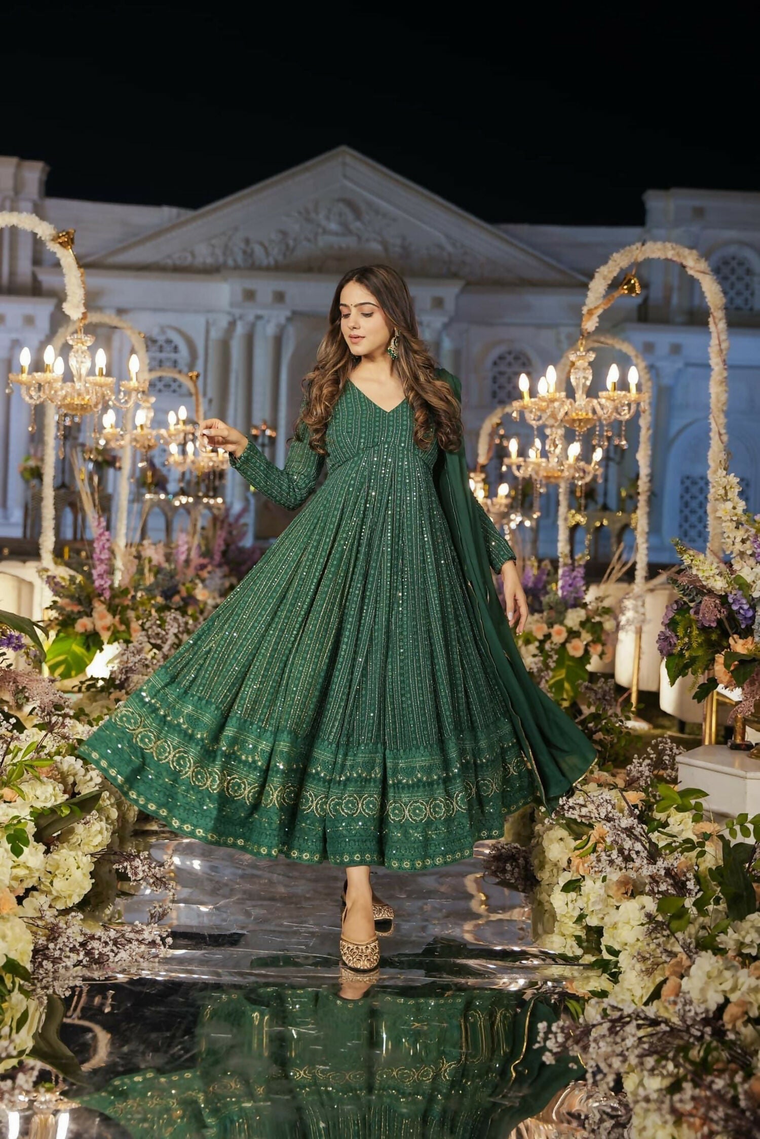 Aayaa Designer Embroidery Zari Sequins Work Faux Blooming Georgette Suit - Green