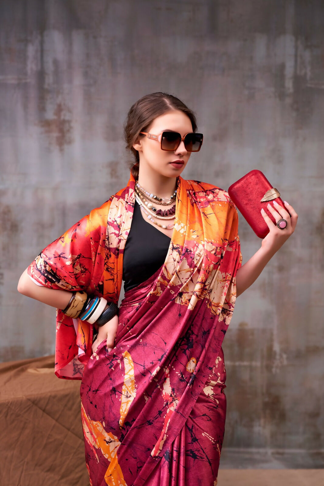 Vastranavya Maroon Satin Silk Printed Saree with a Natural Silk Unstitched Blouse