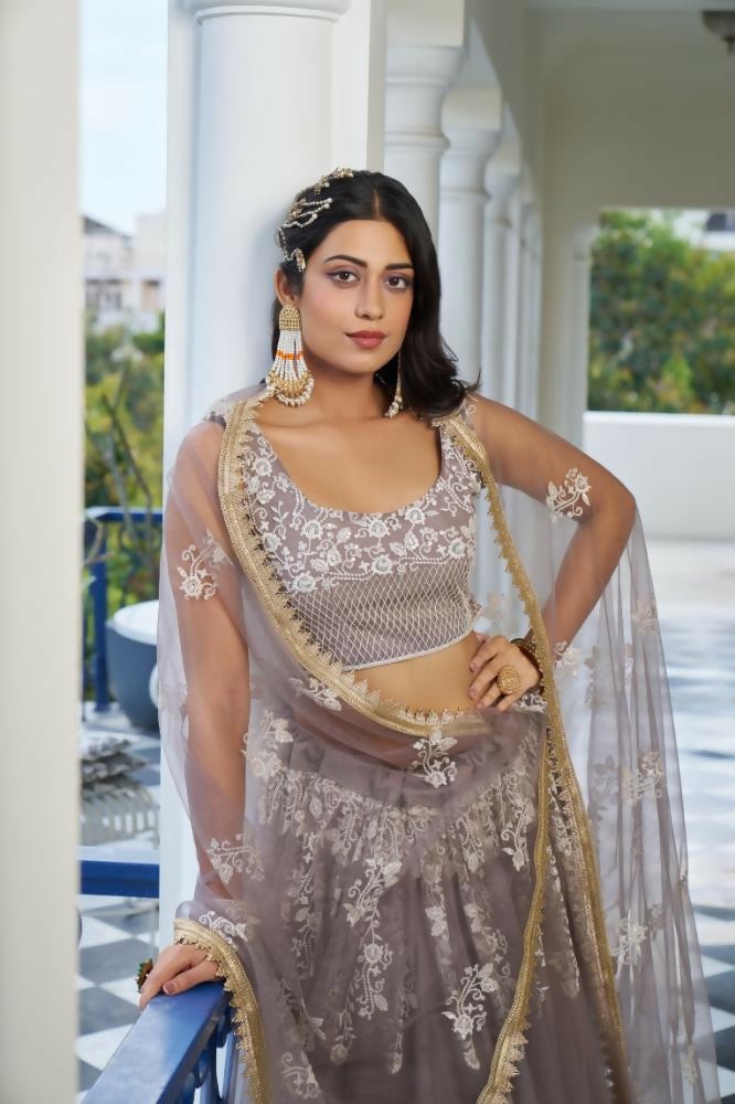 Aastha Fashion Light Dusty Brown Butterfly Net White Cotton Thread Work And Sequence Work Embroidery Wedding Wear Lehenga Choli