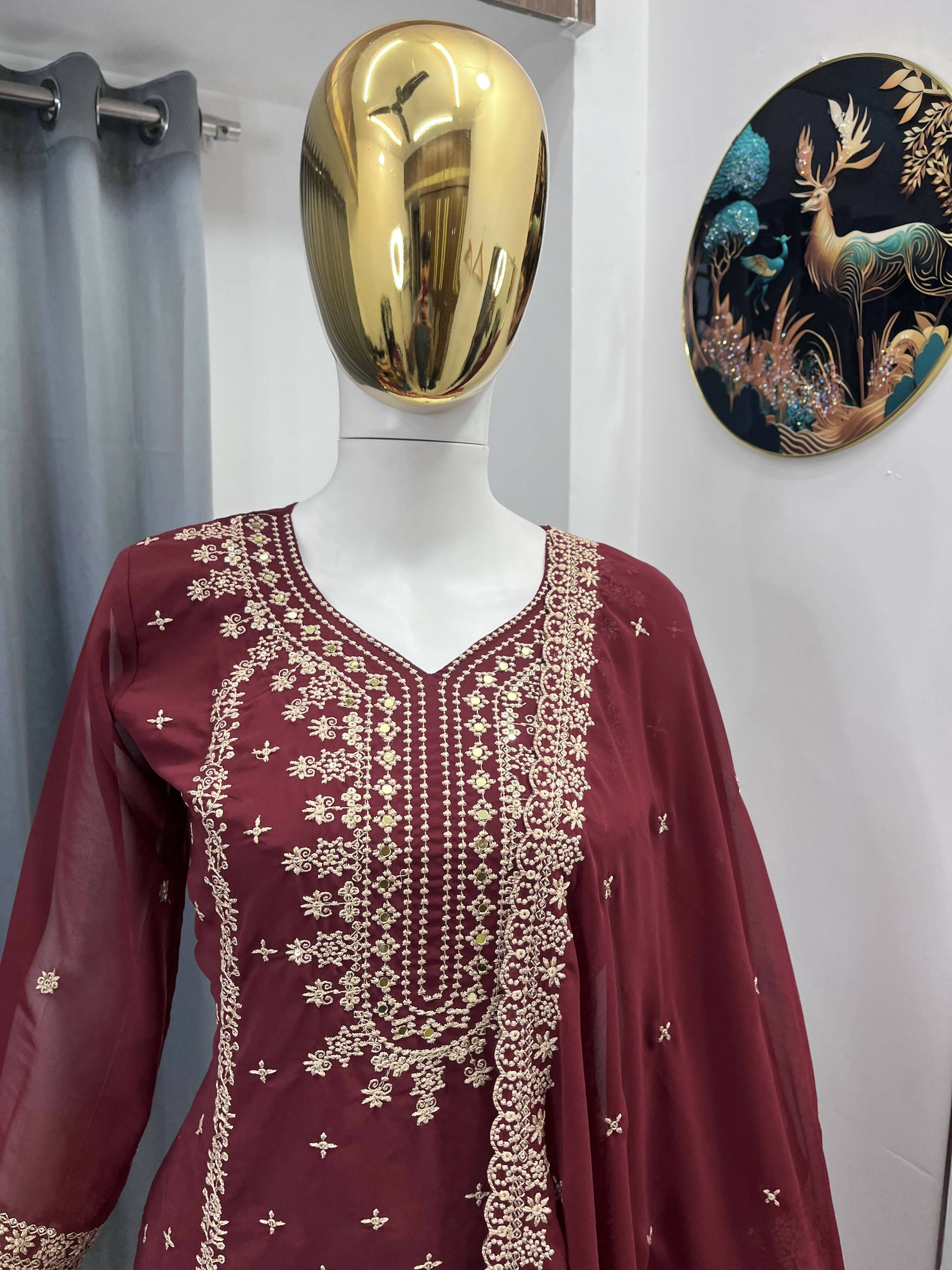Teeya Creation Maroon Color Faux Georgette Embroidery Work Party Wear Salwar Suit