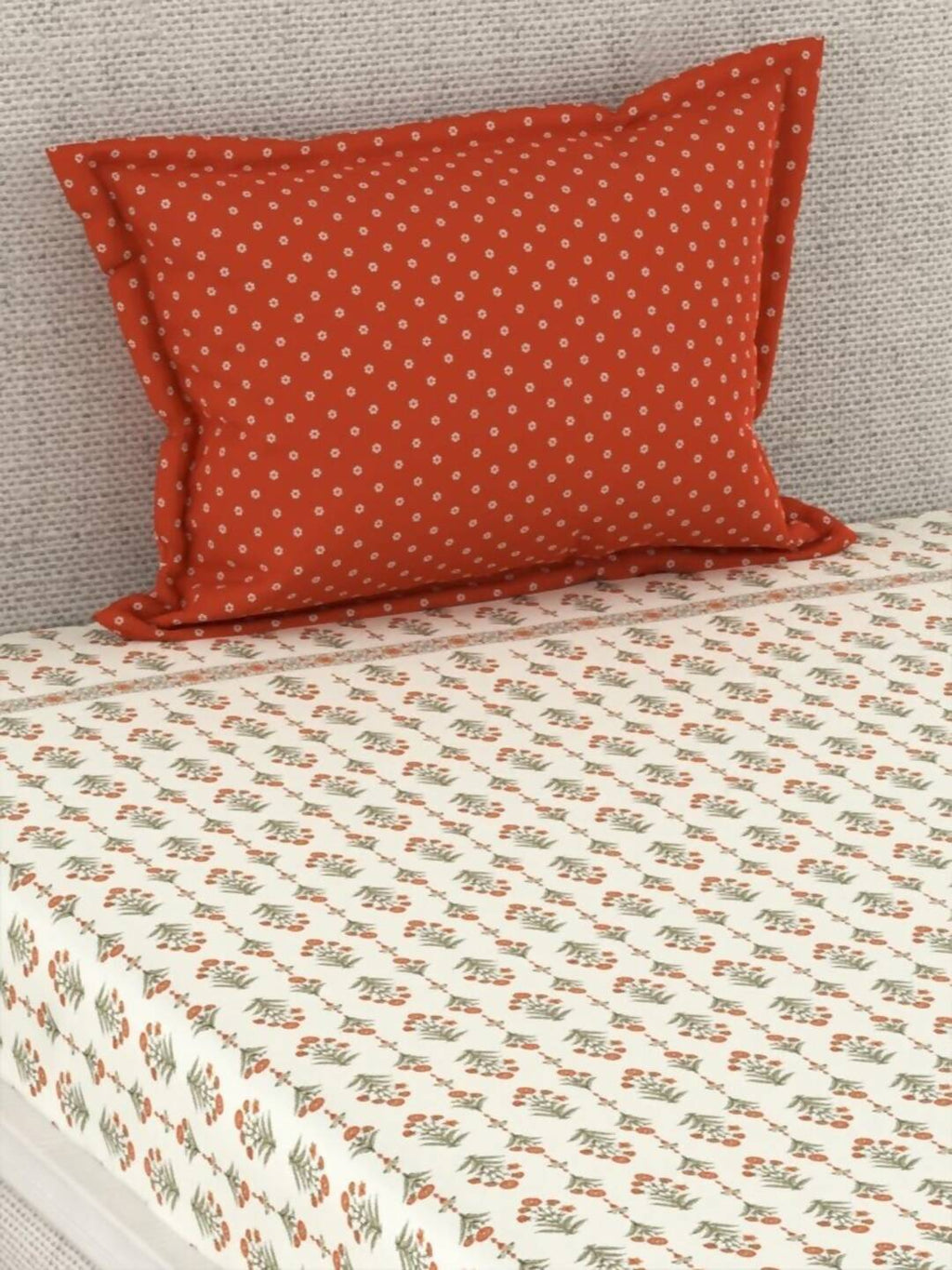 CHHAVI INDIA Cream-Coloured & Orange Floral Ultra Soft 210 TC Bedsheet with Pillow Covers