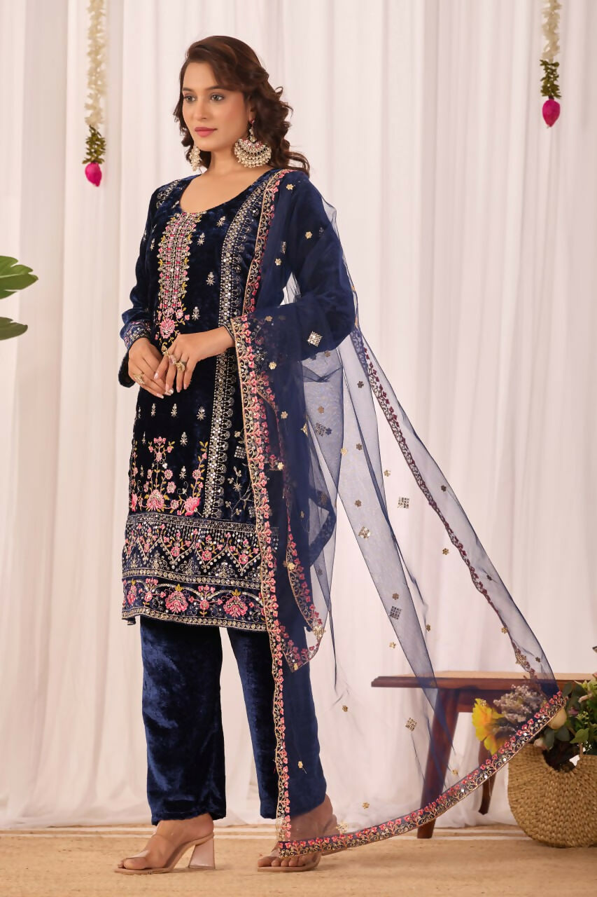 Joban Fashion Blue Kurta Set Velvet Embroidery Sequence Work