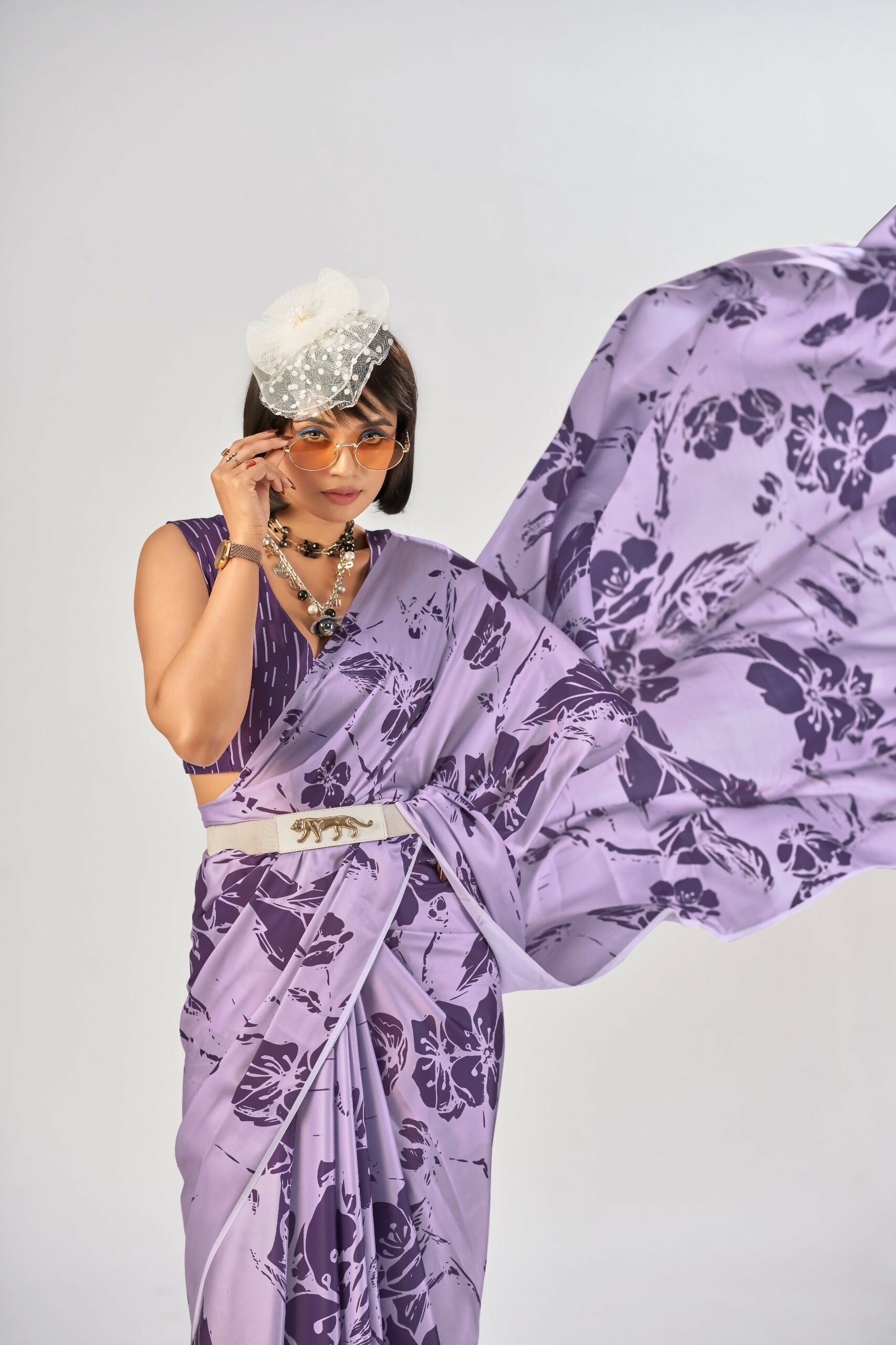 Vastranavya Lavender Satin Silk Elegant Printed Saree with Unstitched Blouse