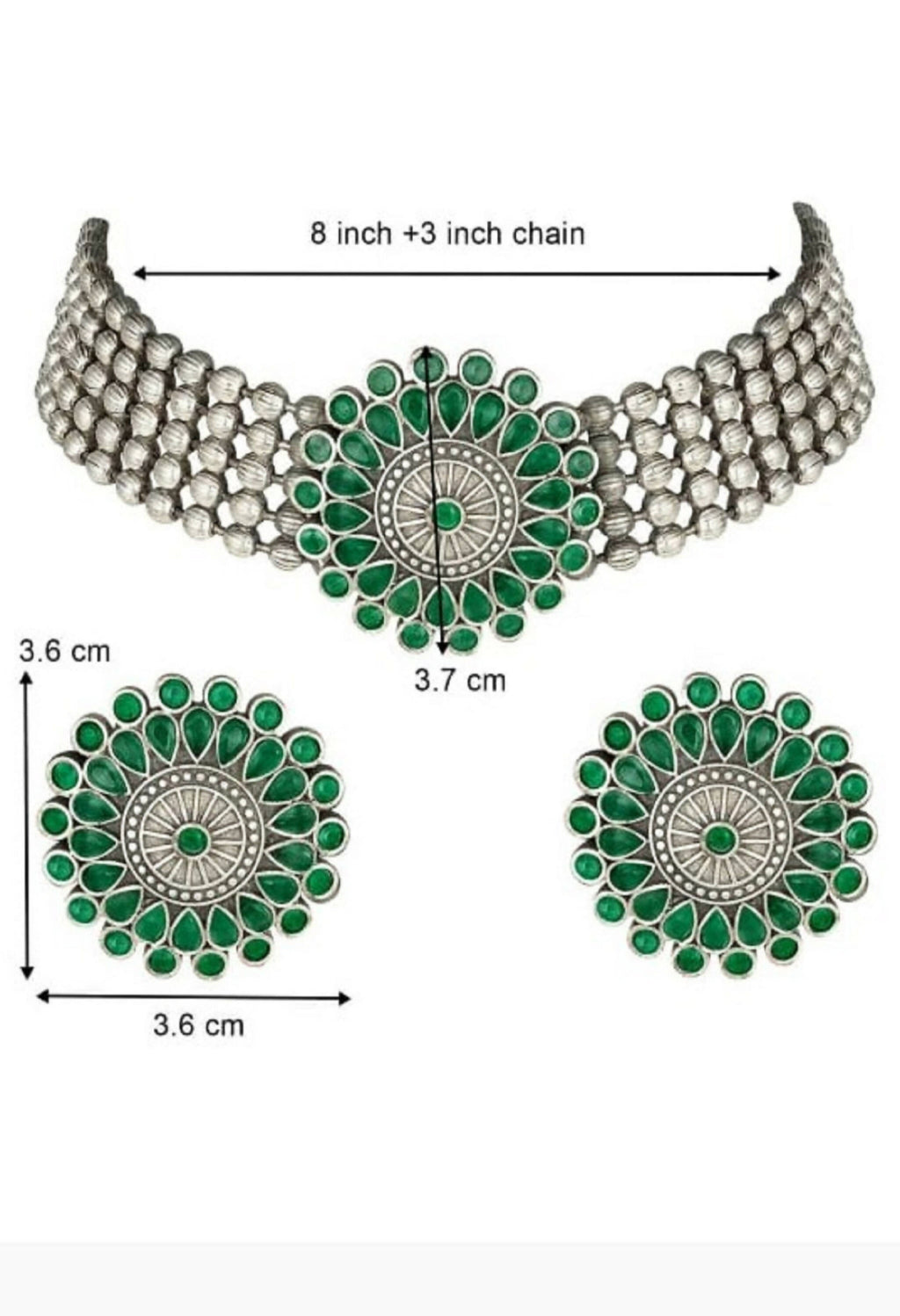 Mominos Fashion Johar Kamal Oxidised Silver-Plated Brass Finish Kundan Choker For Women (Green)