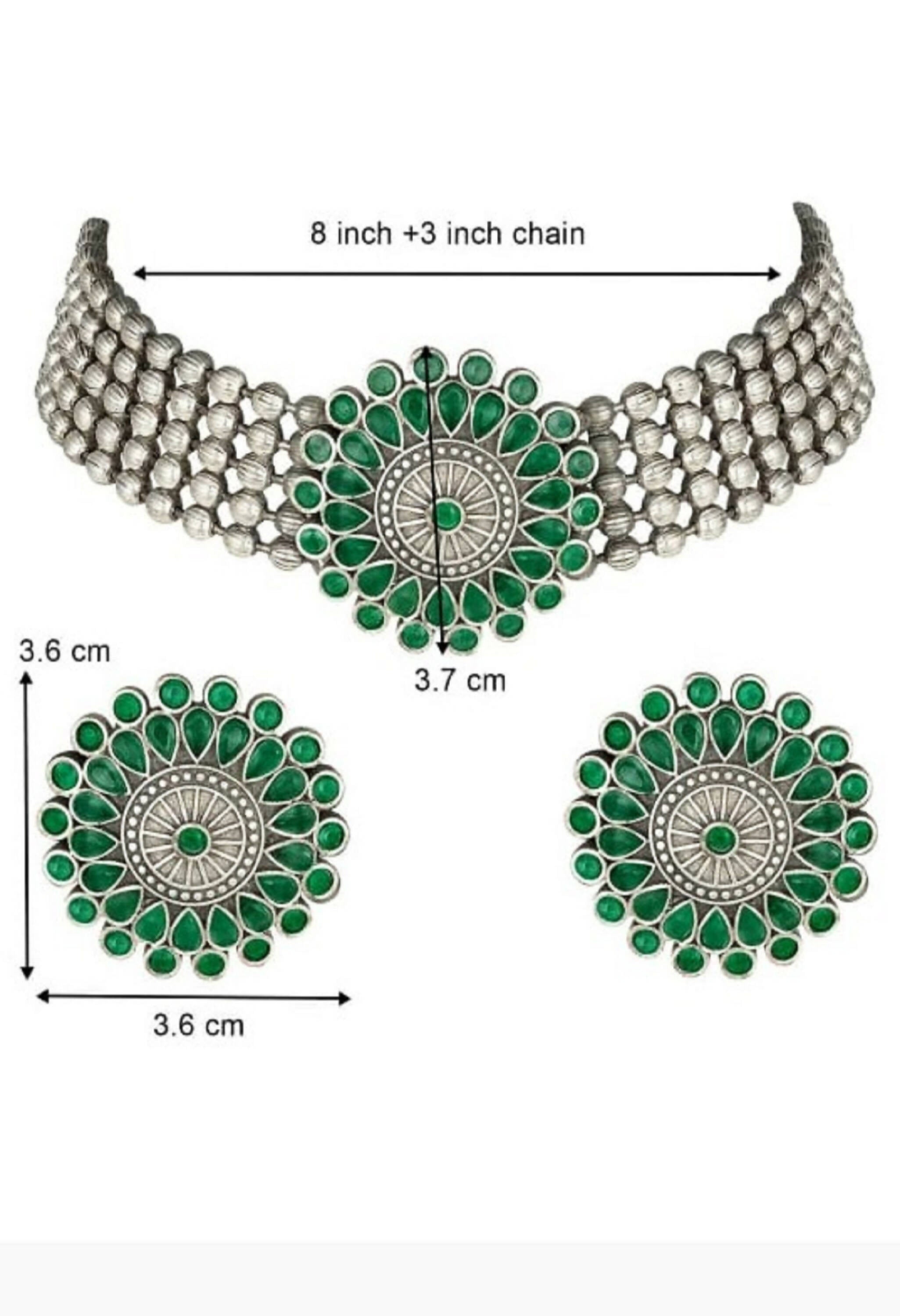 Mominos Fashion Johar Kamal Oxidised Silver-Plated Brass Finish Kundan Choker For Women (Green)