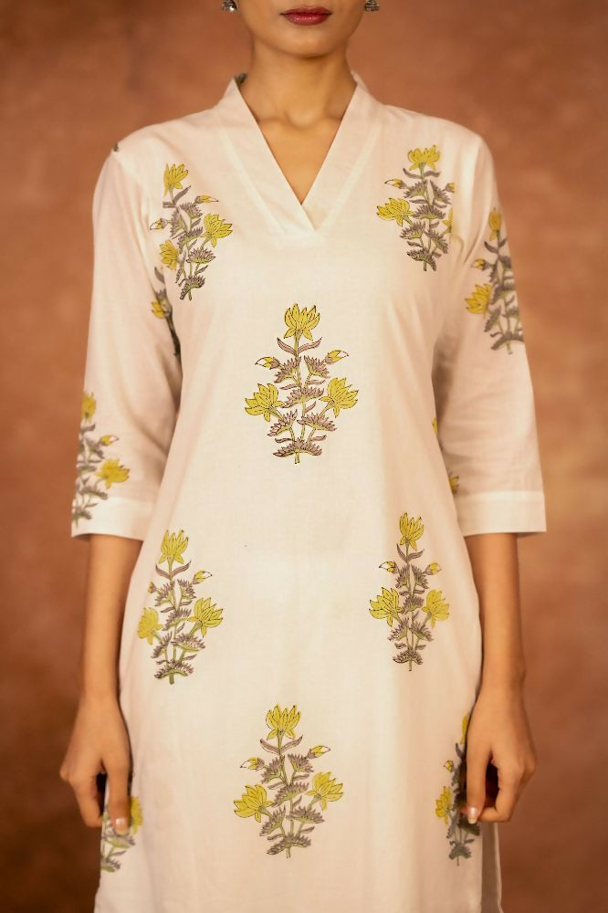 Joban Fashion Off White Yellow Hand Block Printed Cotton Suit Set