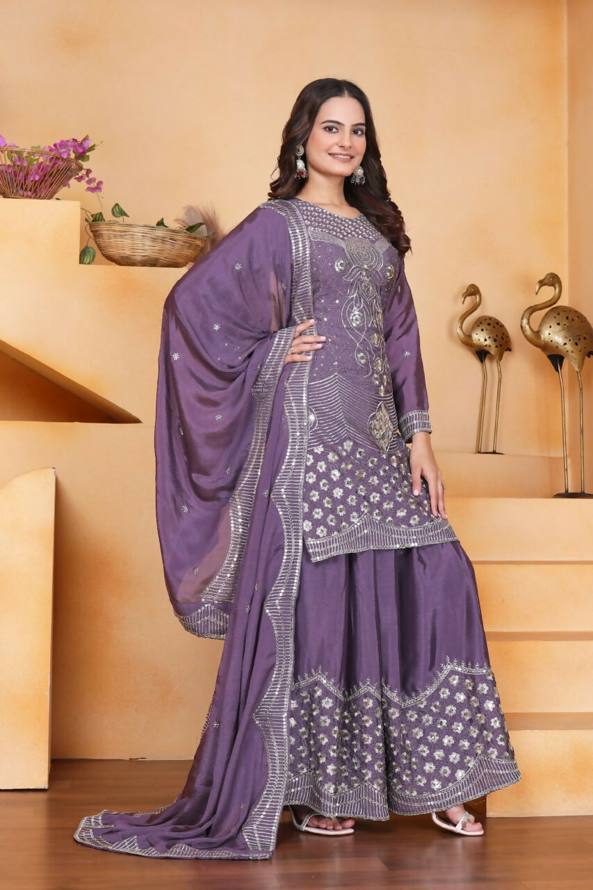 Teeya Creation Lavender Chinon Embroidery Work Party Wear Palazzo Suit