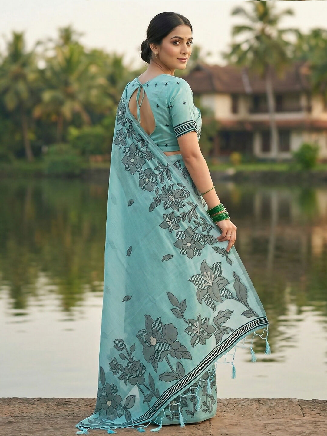 Shree Shyam Fashion Sea Green Linen Cotton Saree