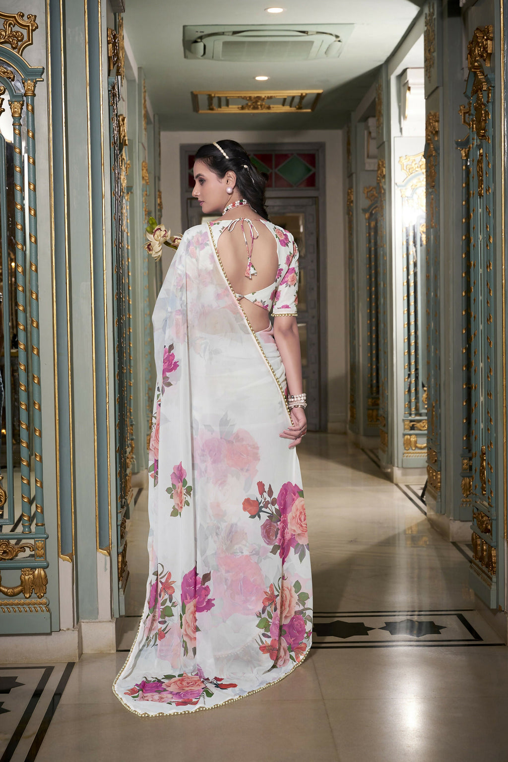 Vastranavya White Spectacular Georgette Printed with Pearl Lace Saree with Unstitched Blouse