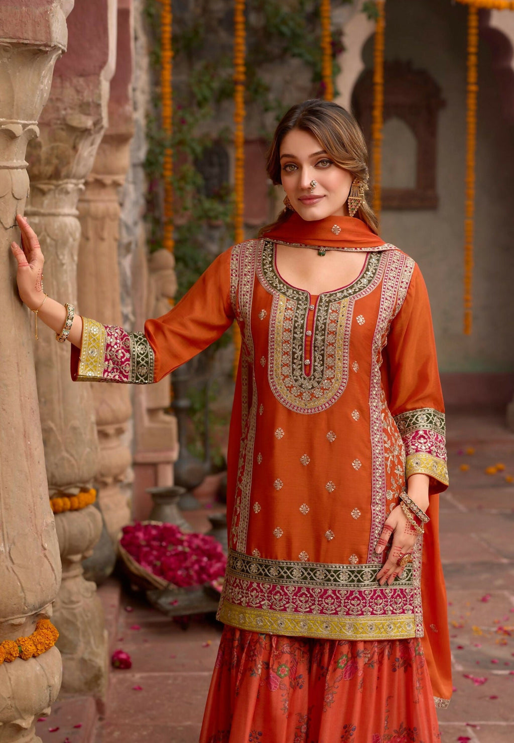 Anaita Orange Chinon Readymade Palazzo Suit with Codding Dori & Sequence Work