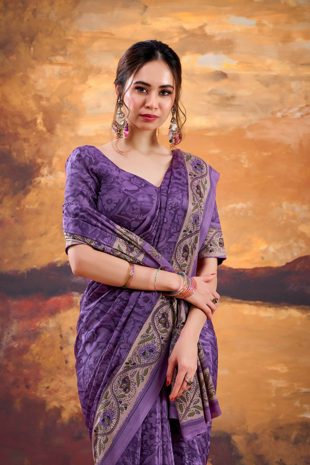 Vastranavya Purple Crepe Printed Saree with Unstitched Blouse