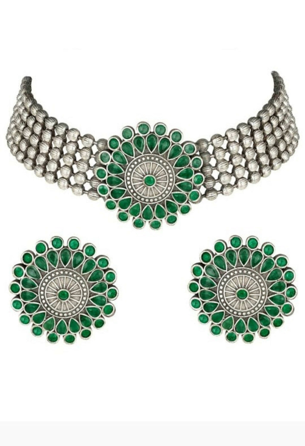 Mominos Fashion Johar Kamal Oxidised Silver-Plated Brass Finish Kundan Choker For Women (Green)