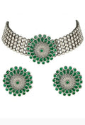 Mominos Fashion Johar Kamal Oxidised Silver-Plated Brass Finish Kundan Choker For Women (Green)