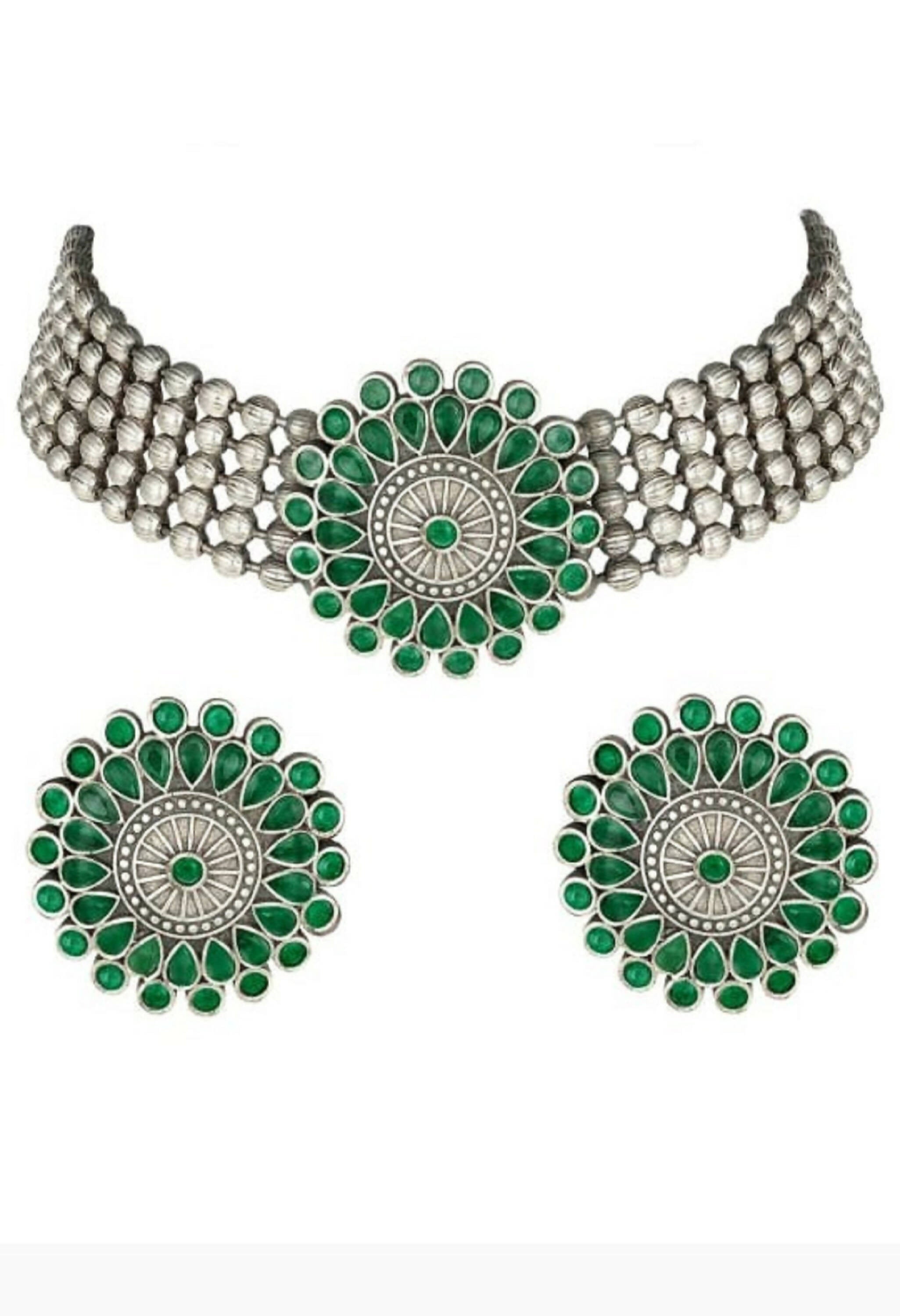 Mominos Fashion Johar Kamal Oxidised Silver-Plated Brass Finish Kundan Choker For Women (Green)