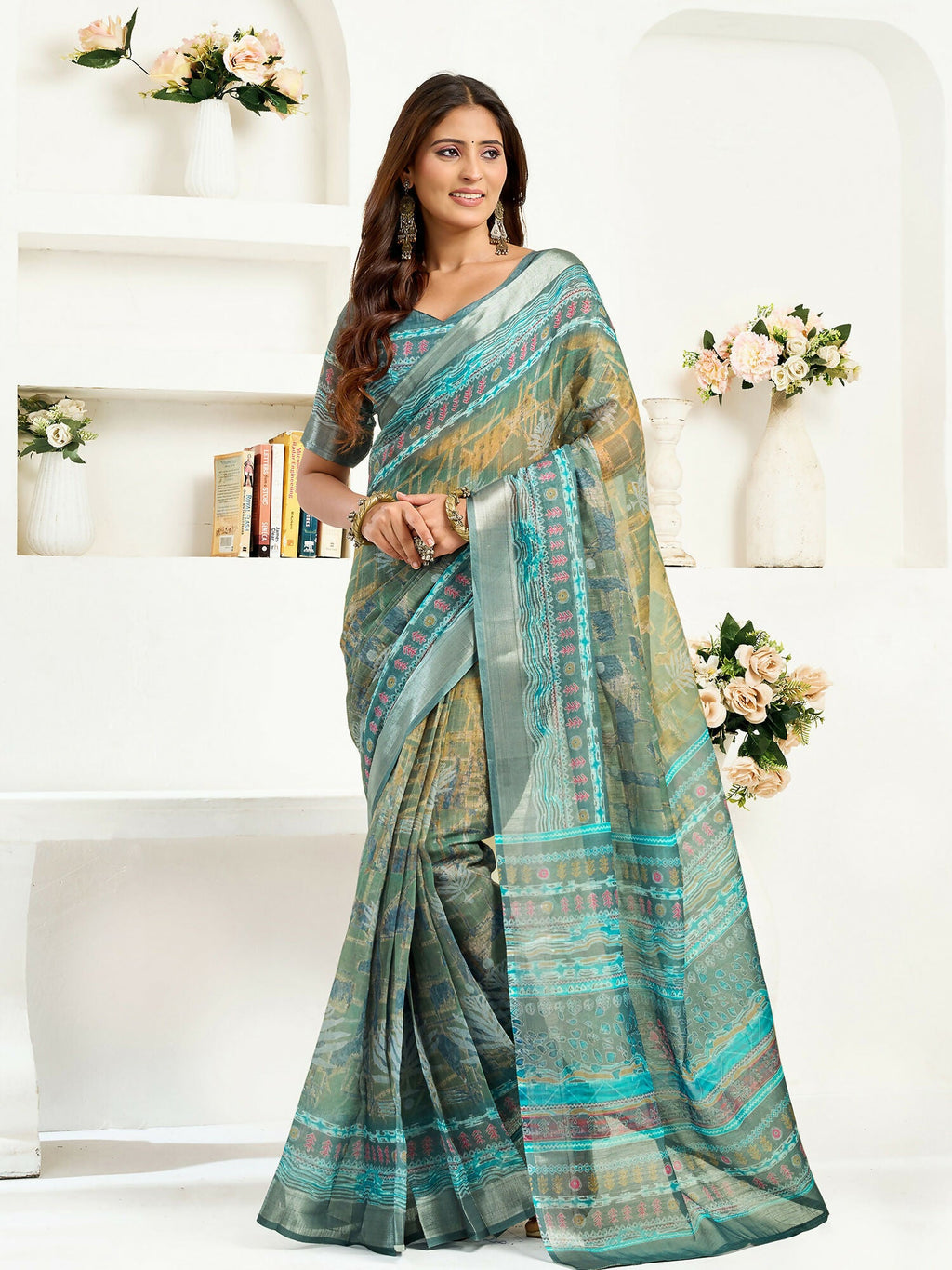 Joban Fashion Petrol Ethinic Motifs Linen Ready To Wear Saree With Unstitched Blouse
