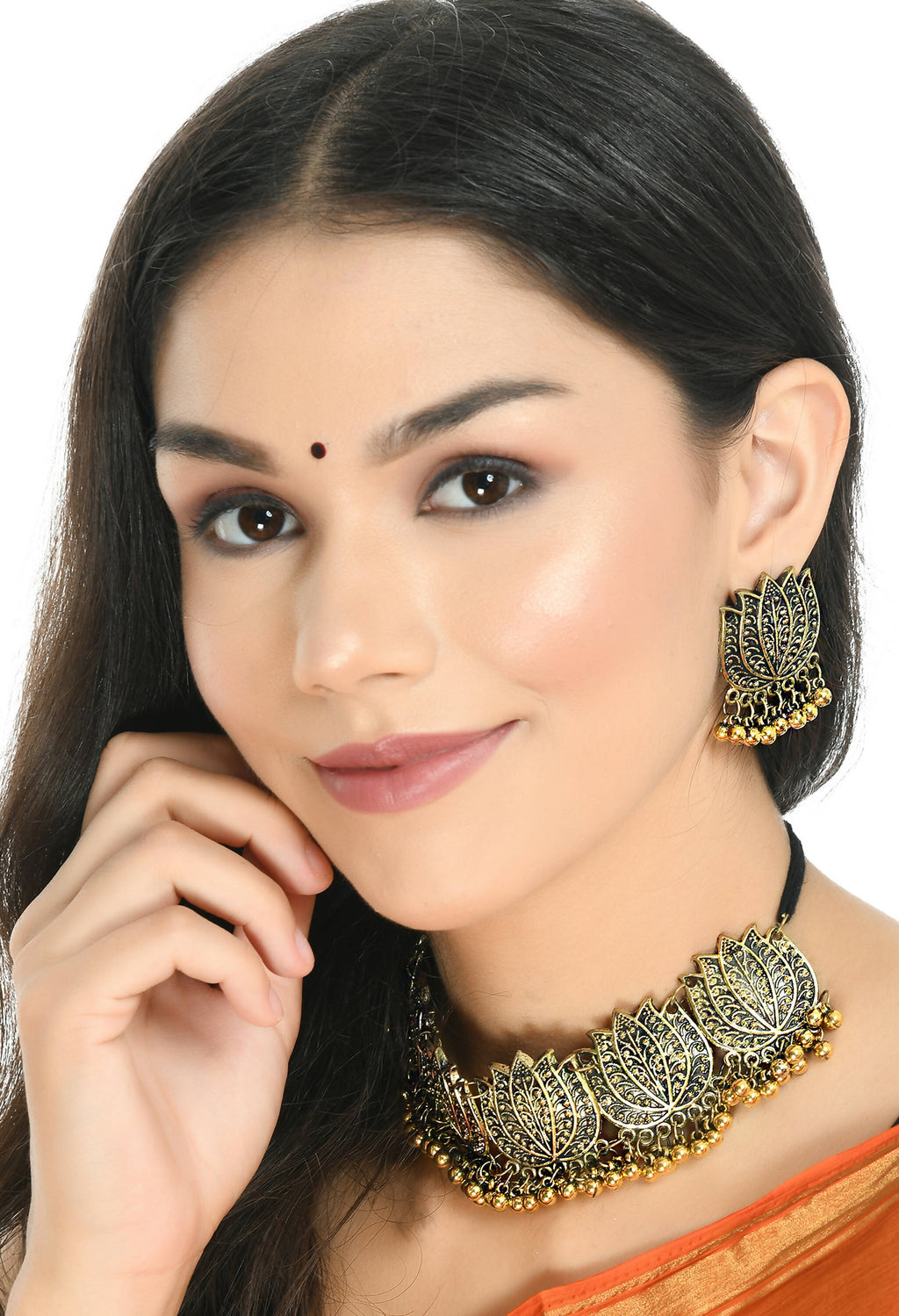 Mominos Fashion Johar Kamal Gold-Polished Brass Finish Lotus Design Choker For Women