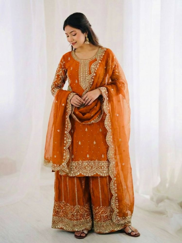 Teeya Creation Orange Color Fendy Silk Embroidery Work Wedding Wear Salwar Suit