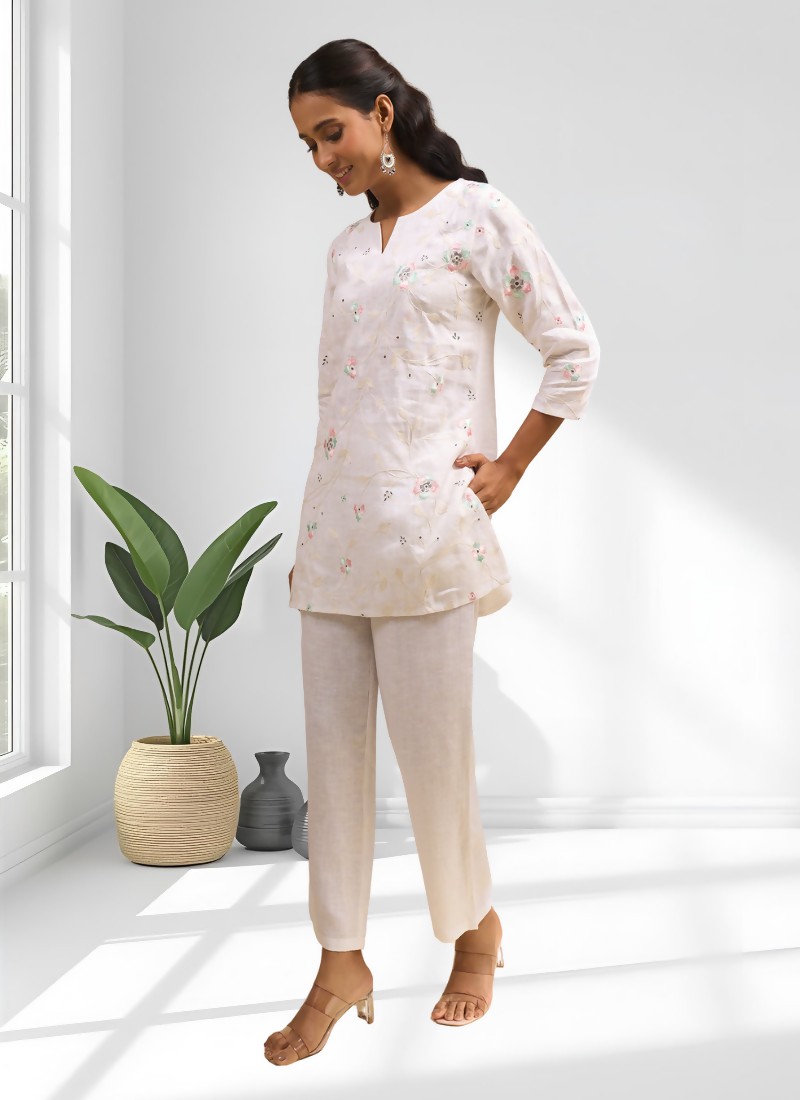 Joban Fashion Off White Linen Embroidered Readymade Cord Set