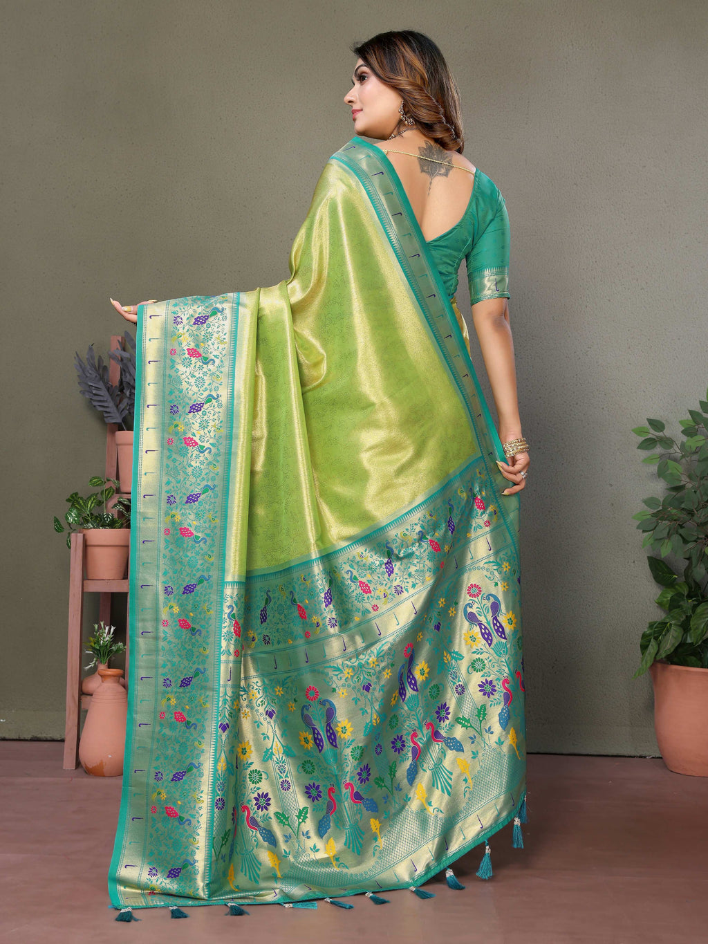 Aastha Fashion Pista Tissue Silk Paithani Woven Saree