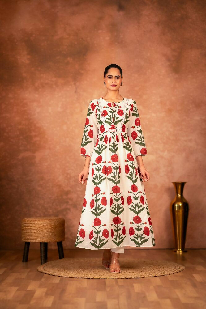 Joban Fashion Red Rose Floral Hand Block Printed Cotton Kurta Pant Set