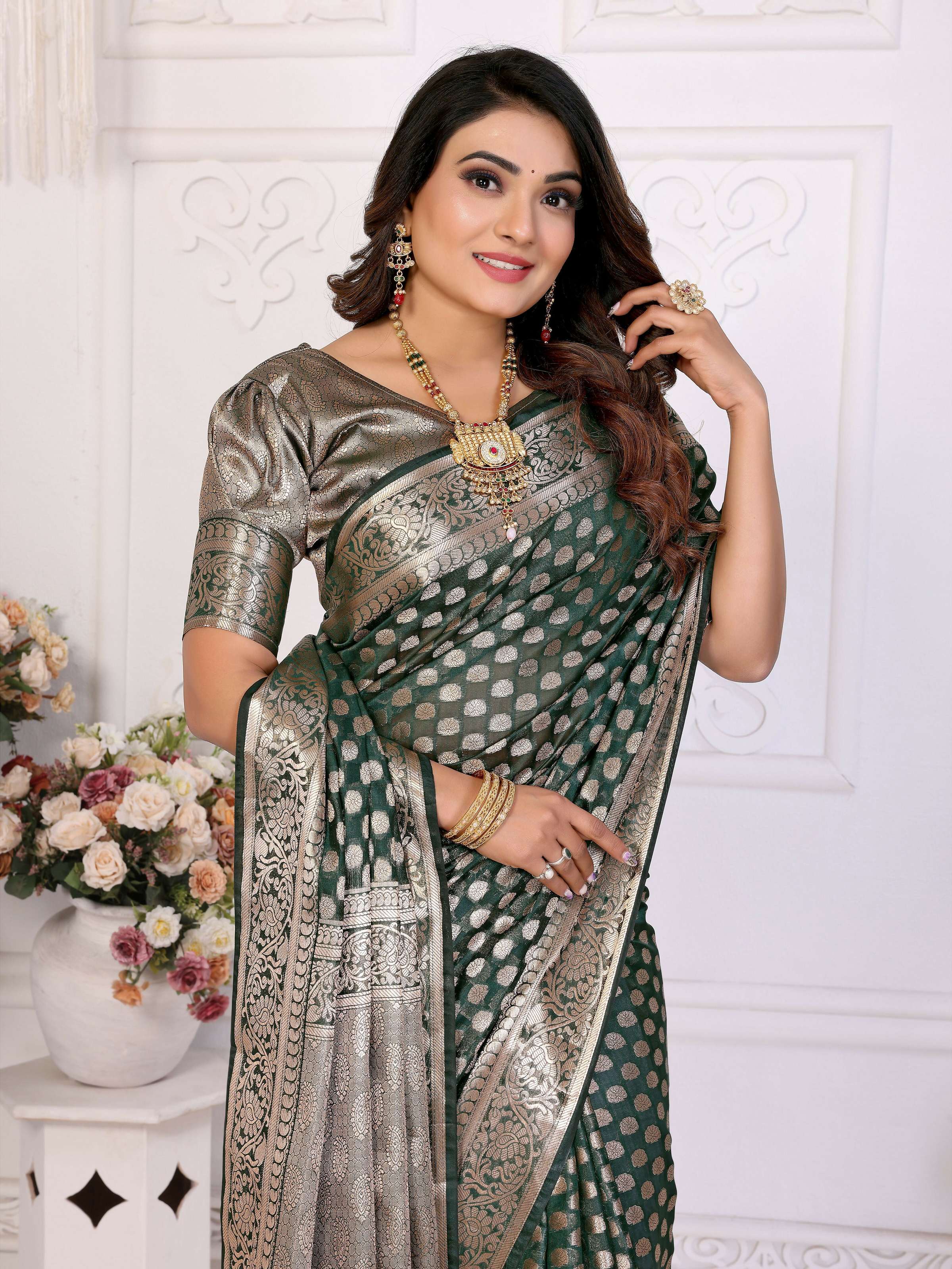 Aastha Fashion Dark Green Organza Silk Weaving Saree