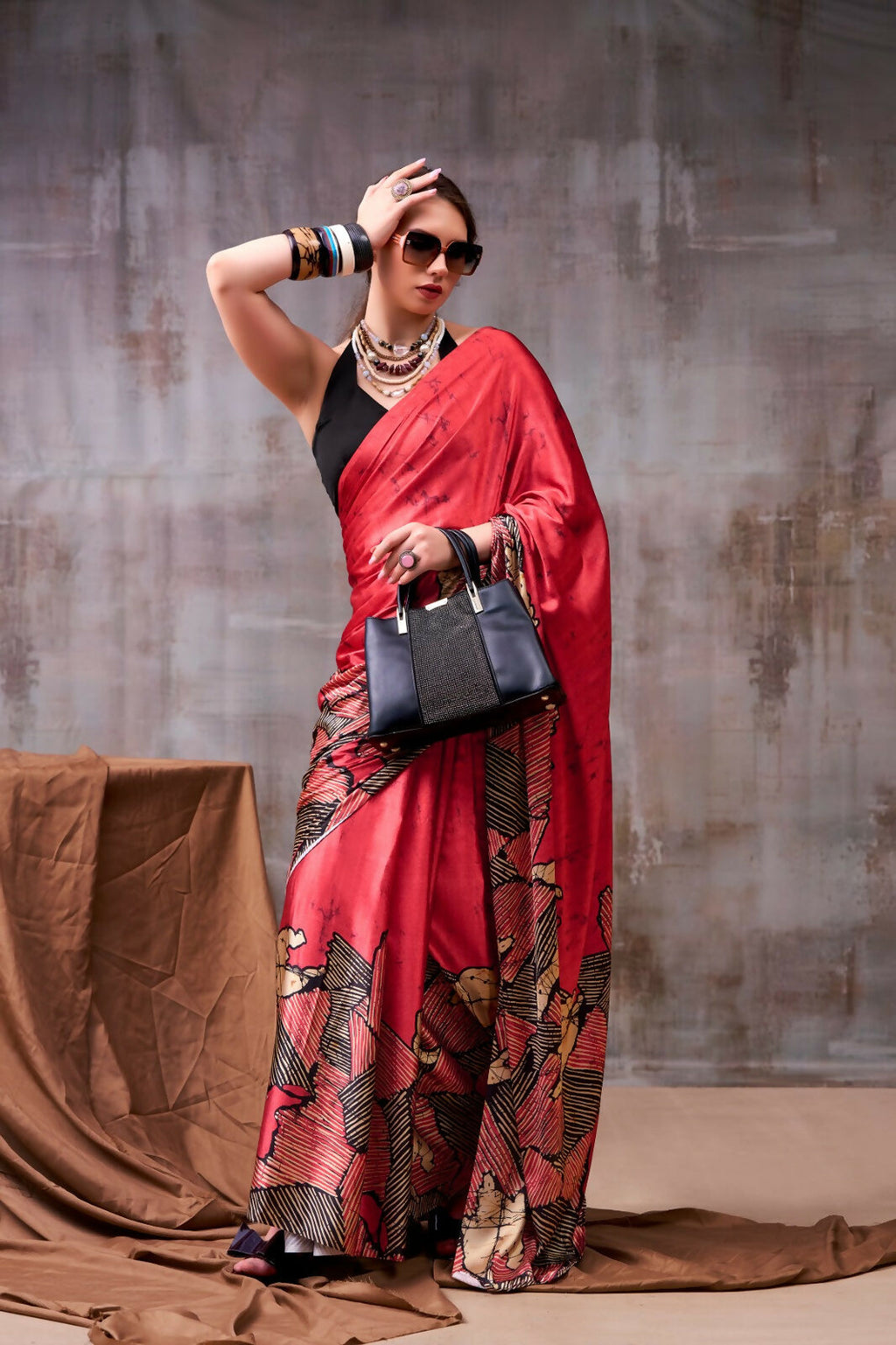 Vastranavya Red Satin Silk Printed Saree with a Natural Silk Unstitched Blouse