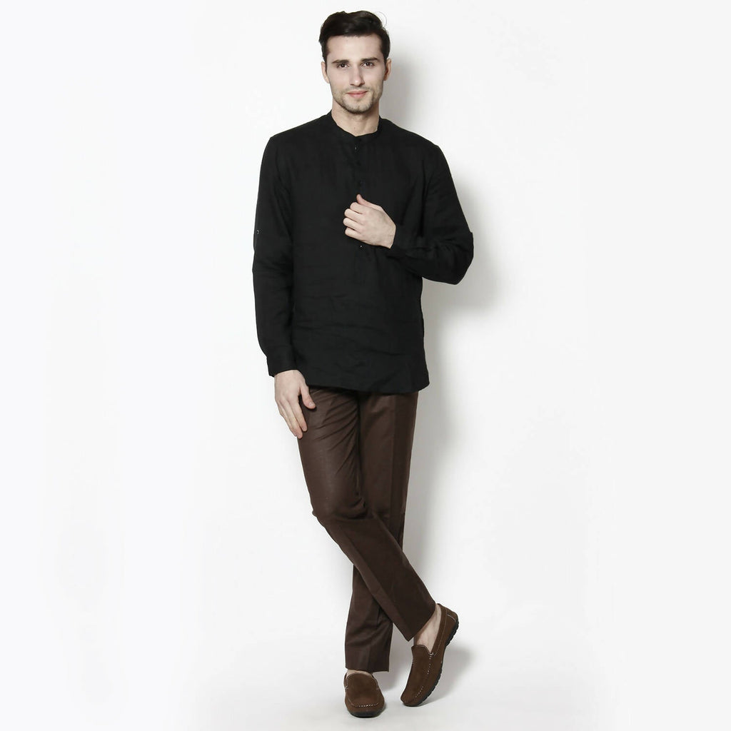 Even Apparels Black Linen Linen Men's Kurta With Band Collar