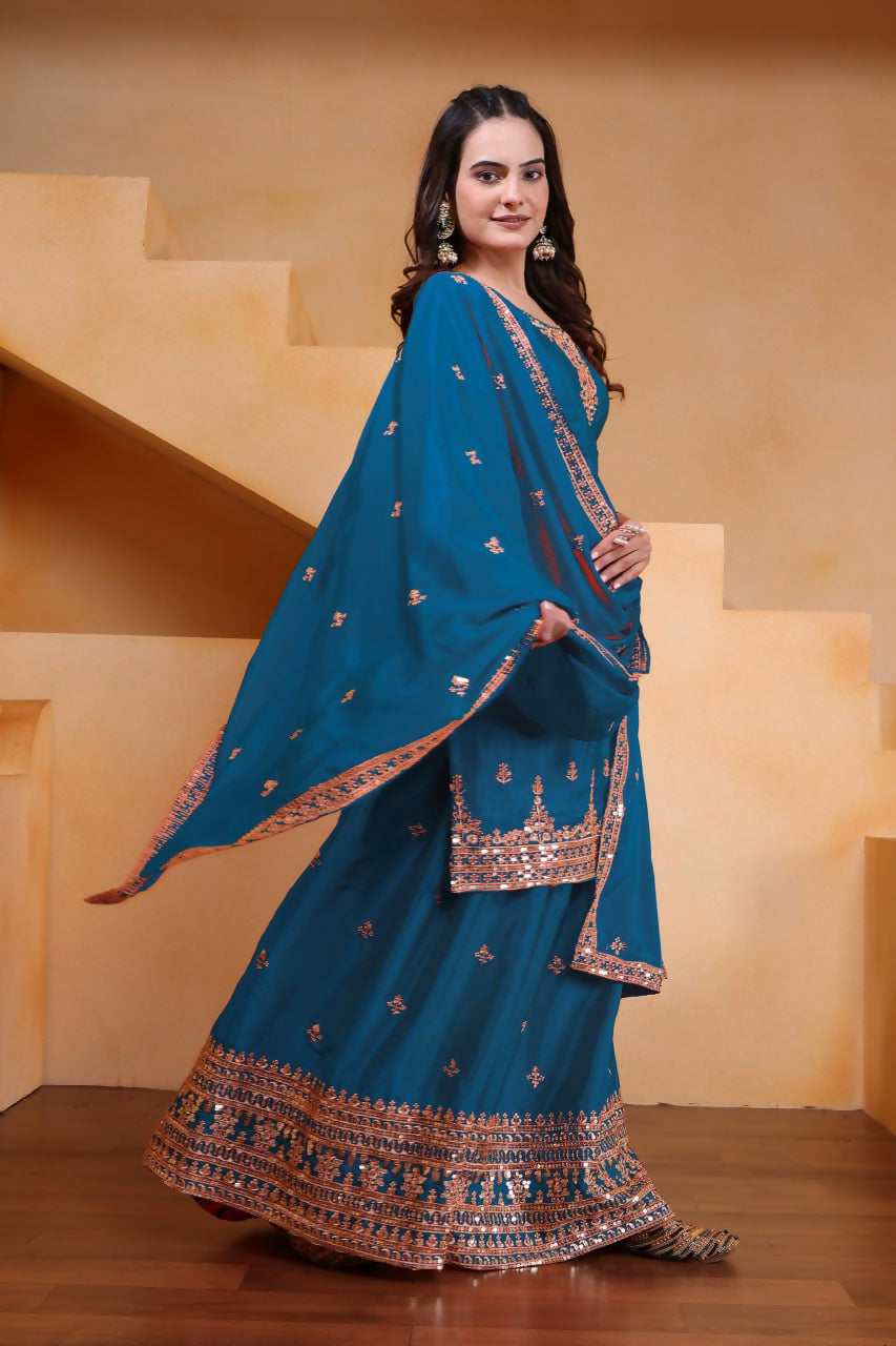 Teeya Creation Teal Color Chinon Silk Wedding Wear Trending Palazzo Set